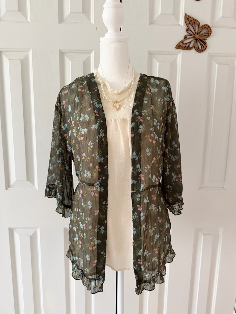Sheer Olive Floral Kimono Cardigan - Olive Green